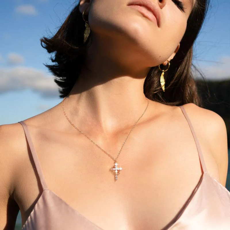 Feminine Cross Halo Pendant Necklace – Gold & Sparkling CZ - Image 8